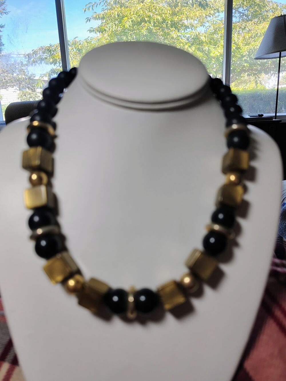 Vintage Black & Gold Beaded Statement Necklace 18"